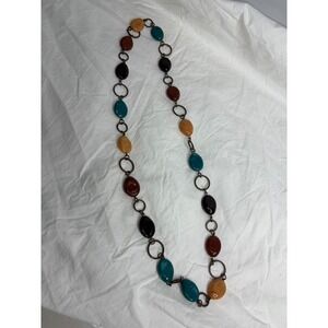Boho Gemstone Necklace Copper Tone Links Multi Color Beads Statement